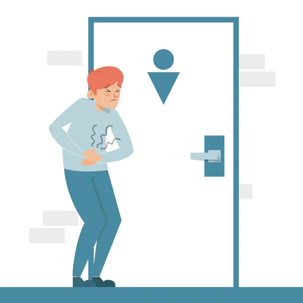 Mann Mit Durchfall Wartet Der Toilettentür Kerl Mit Bauchschmerzen Bauchschmerzen — Stockvektor