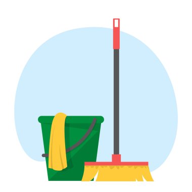 Paspas ve süpürge vektörlü kova izole edildi. Evde ev işi ve hijyen fikri. Kırmızı kovadaki sarı paspas, ev aletleri..