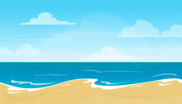 Empty summer beach vector illsutration. Beautiful view on the sea and sky. Tropical coast line. Vacation in paradise. Outdoor relaxation. Message background