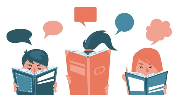 ブッククラブのウェブバナーベクトルを分離 コミュニケーションを読んでいる人々のグループ 一緒に本を読んでください ポスターデザイン — ストックベクタ