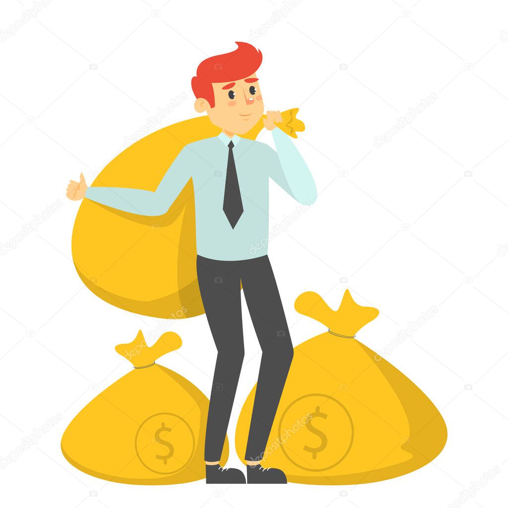 Happy rich man holding the money bags vector isolated. Successful businessman, wealthy person. Idea of finance and investment.