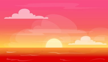 Plaj vektör çiziminde gün batımı. Kızıl gökyüzü, web sayfası için güzel bir arka plan. Tropik yaz, güneşli akşam.