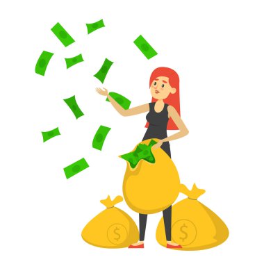 Para çantasını tutan ve yeşil banknotları atan mutlu zengin kadın. Başarılı bir iş kadını, zengin biri. Finans ve yatırım fikri.