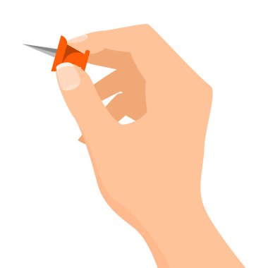 Elinde kırmızı keskin bir iğne vektörü var. Ofis malzemeleri ve okul malzemeleri. Kırtasiye aracı.