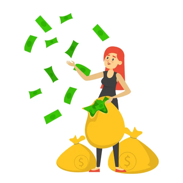 快乐的富婆手里拿着钱袋 把绿色钞票扔了出去 成功的女商人 有钱的人 金融和投资的概念 — 图库矢量图片