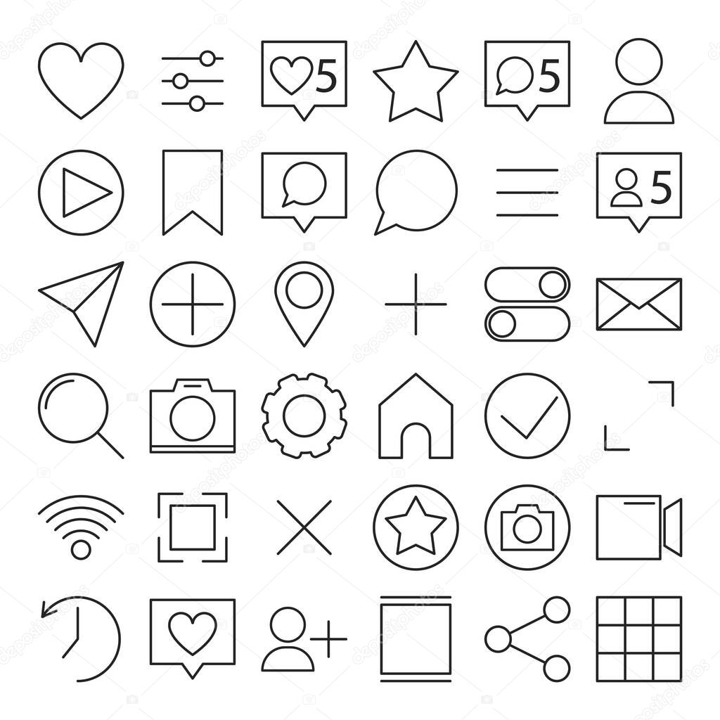 Collection of mobile communication icons. Line art vector style. Internet communication concept. Social media signs.
