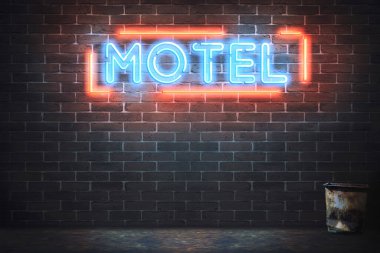 A neon sign glows with a blue and red light against a brick wall with a trash can nearby. 80s