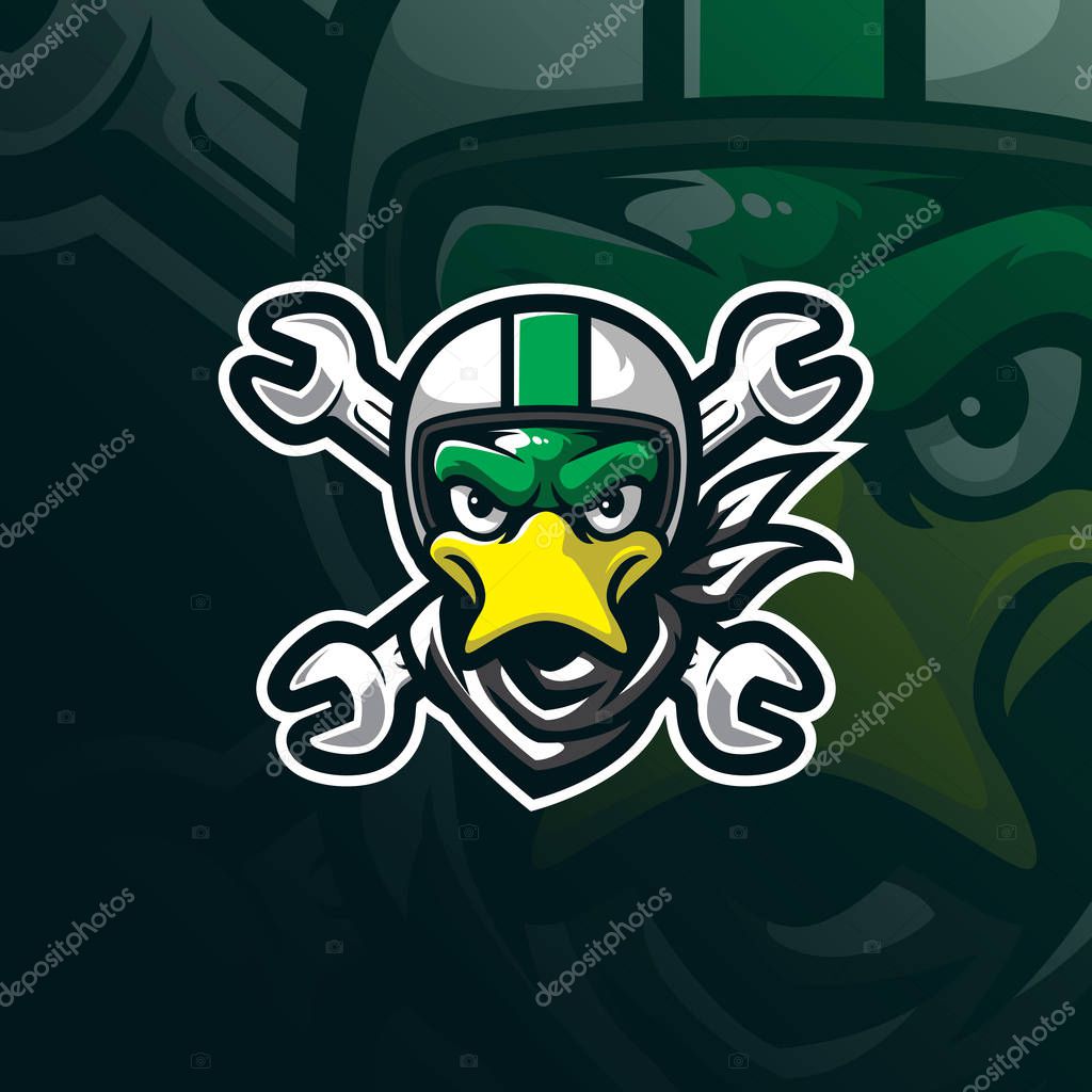 Duck mascot logo design vector with modern illustration concept style for badge, emblem and tshirt printing. duck head illustration with helmet.