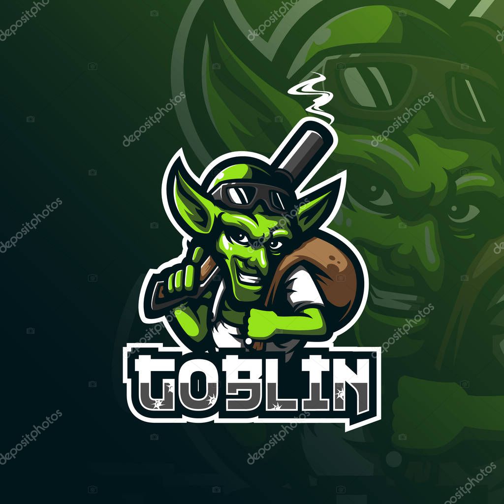Goblin mascot logo design vector with modern illustration concept style for badge, emblem and tshirt printing. smart goblin illustration with guns in hand.