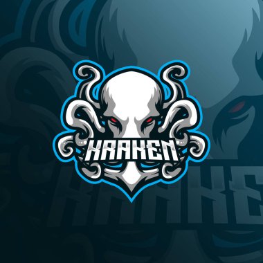 Rozet, amblem ve tişört baskısı için modern illüstrasyon konsepti tarzına sahip kraken maskot logo tasarım vektörü. ahtapot çizimi spor ve esport takımı için.