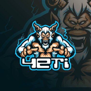 Yeti maskot logosu tasarım vektörü. Rozet, amblem ve tişört baskısı için modern illüstrasyon konsepti. Esport takımı için kızgın yeti illüstrasyonu.