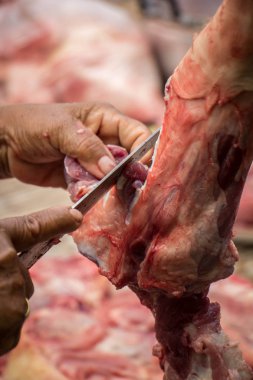 kadın mutfakta domuz rostosu pişirme: kesim et.