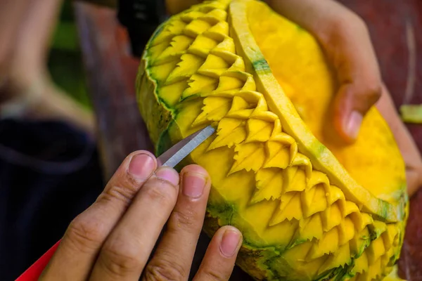 Thailand carved pumpkin with hand — Stock Photo, Image