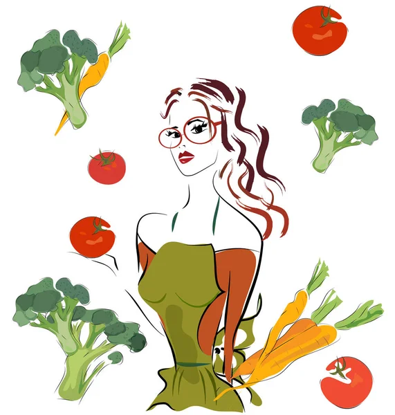 Красивая женщина готовит с овощами — стоковый вектор