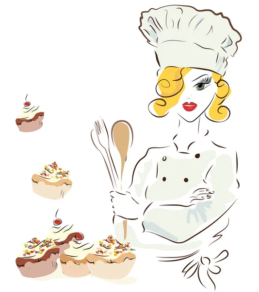 Chef mulher com um chapéu e Cupcakes — Vetor de Stock