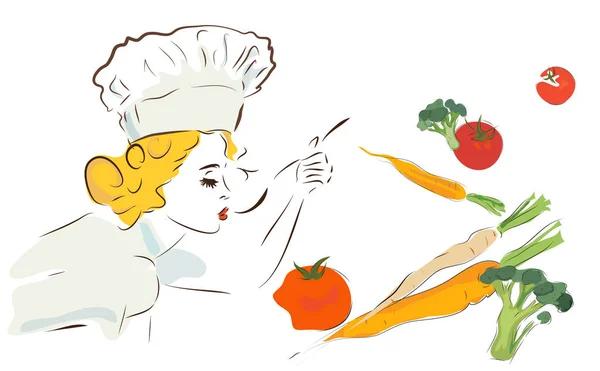 Chef Mujer con Verduras — Vector de stock