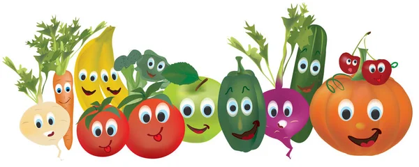 Coleção de Ilustrações de Vegetais Animados nad Fruits — Vetor de Stock