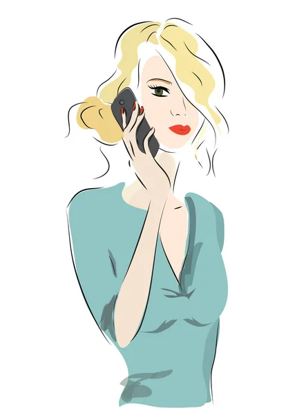 Mujer Rubia Joven Con Teléfono Móvil — Vector de stock