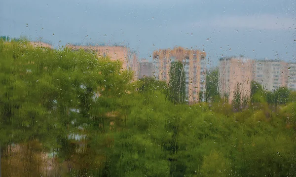 Rainy Day City Drops Window View Window City — Stock Photo, Image