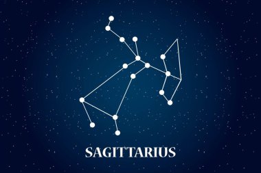 Yay burcunun ateş sembolü, yıldız falı, vektör sanatı EPS illüstrasyonunun yakın çekimi. Sagittarius Yıldızı takımyıldızı, yıldızlı, koyu mavi gece arkaplanında canlı bir şekilde izole edilmiştir..