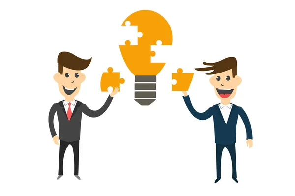 两个男人拿着灯泡里的拼图完成了商业理念 团队合作 协作概念 成功的解谜 伙伴关系的象征 Eps矢量 平面设计 — 图库矢量图片