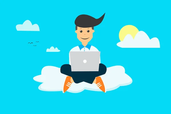 可爱的男人 快乐的商人坐在云端上 在笔记本电脑上工作 微笑着看着相机 云计算 自由职业概念 矢量图解 扁平样式 — 图库矢量图片
