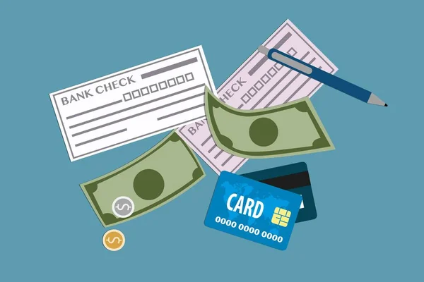 Barevný Byt Styl Složených Peněz Hotovosti Bankovními Šeky Kreditní Karty — Stockový vektor