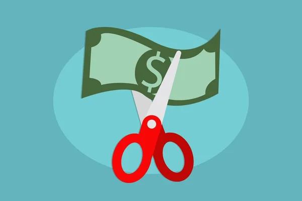 Jednoduchý Design Červené Nůžky Řezání Poloviny Zelené Peníze Účet Modrém — Stockový vektor