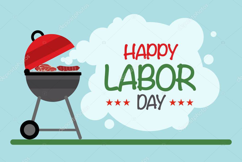 Vector design of card with barbecue grill and speech bubble saying Happy Labor Day text on blue background