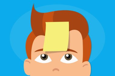 Alnında sarı etiket olan çalışkan bir adamın renkli düz stili, birden fazla işi var.