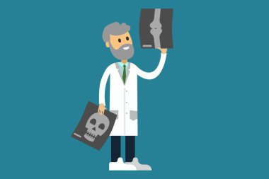 Eps illüstrasyonunda doktor önlüklü koyu mavi arka planda röntgenleri keşfediyor.