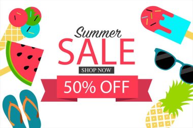 Renkli vektör bayrağı yaz indirimi beyaz arka planda% 50 indirimli renkli elementlerle