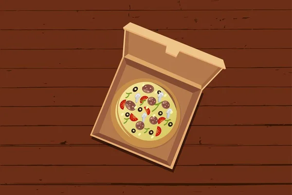 Cena Pizza Plancha Cajas Cartón Para Llevar Paneles Madera Color — Vector de stock