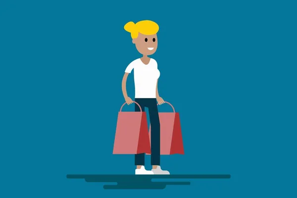 Simple Estilo Plano Mujer Con Bolsas Compra Sonriendo Fondo Azul — Archivo Imágenes Vectoriales