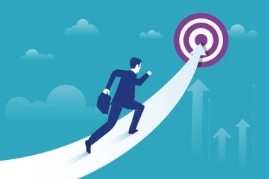 İş adamı hedefe doğru koşuyor, hedef. Başarılı olma yolunda ilerleyen kavramsal iş hedefi. Eps 10, vektör illüstrasyonu.