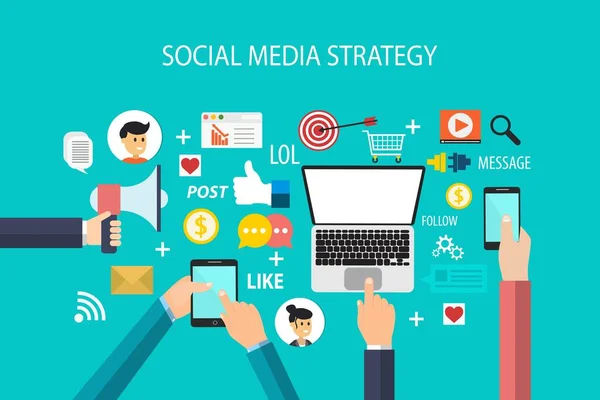 Concepto Estrategia Redes Sociales Banner Marketing Empresarial Redes Sociales Con — Archivo Imágenes Vectoriales