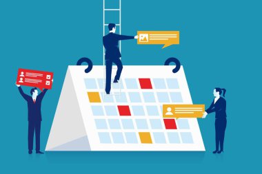 İş planlama etkinlikleri. Yeni etkinlikler ve planlar planlayan iş adamları mavi arka planda izole edildi. İş hatırlatma ve program konsepti. Eps 10 vektör illüstrasyonu