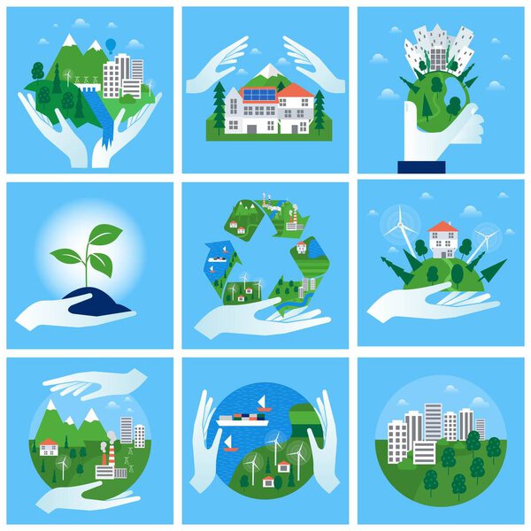 Комплекс охраны окружающей среды, использование альтернативной энергии, бережное отношение к природе и земле. Экологическая жизнь, устойчивый чистый город, экология сохранения. Векторная иллюстрация Eps 10
