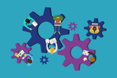 Takım çalışması, proje yönetimi, finansal rapor ve strateji, iş danışmanlığı analizi ve planlama, web konsepti. Eps 10 Vektör illüstrasyonu, düz biçim, minimalist tasarım illüstrasyonu