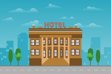 Şehir merkezindeki bir otelin inşaatı mavi arka plan kavramına yakın. Eps Vektör illüstrasyonu, düz biçim