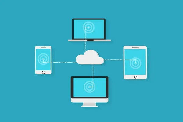 Przechowywanie Chmurze Przesyłanie Danych Przez Internet Smartfona Tablet Komputery Cyfrowe — Wektor stockowy