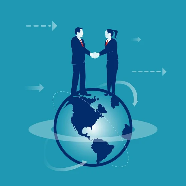 Globální Koncepce Obchodní Spolupráce Podnikatelé Potřásají Rukama Zeměkouli Izolované Modrém — Stockový vektor