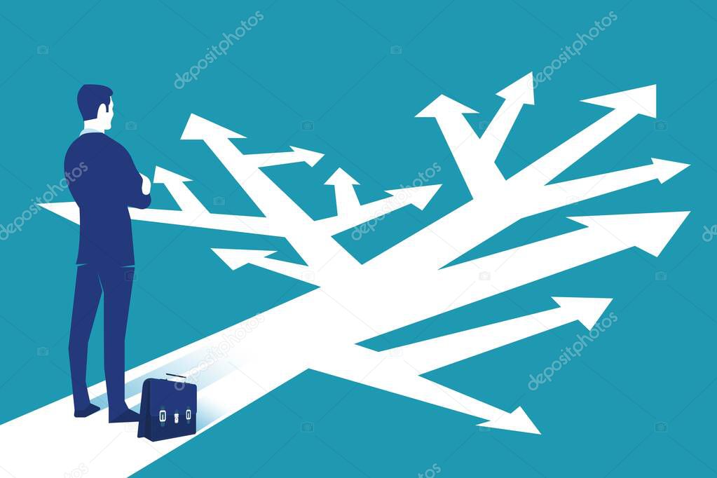 Business dilemma and choices concept. Businessman in front of a lot of arrows does not know which to choose isolated on blue background. Eps 10 Vector illustration, flat style, minimalistic design.