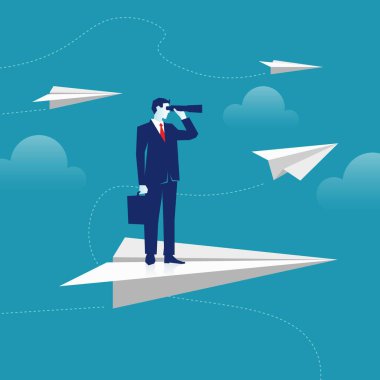 Teleskopla mavi arka planda izole edilmiş bir şekilde uçan bir iş adamı. Yeni fırsatlar ve metaforlar. Eps vektör illüstrasyonu düz biçim minimalist tasarım