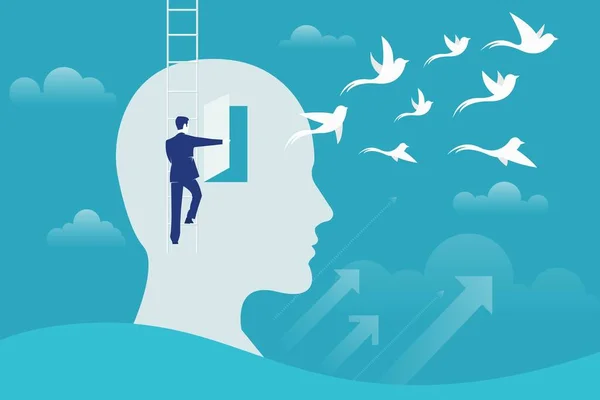 ビジネスマンははしごを登り 鳥が飛んで人間の頭への扉を開きます 心理的な助け 無料と負の感情から心をリラックス 創造的なアイデア 箱の概念の外で考える — ストックベクタ
