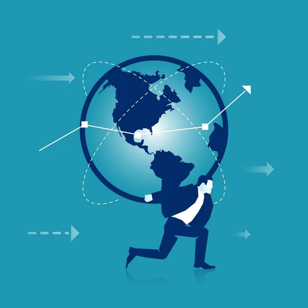 一个商人肩膀上抱着一个蓝色背景的地球 全球商业 重载概念 Eps 10矢量图解 平面图形元素模板 — 图库矢量图片