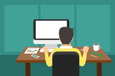 İş adamı, programcı adamın Home, Ofis içi bilgisayarından bilgisayarı üzerinde çalışmasının arkası. Kodlama ve programlama kavramı. Eps Vektör İllüstrasyonu, düz biçim