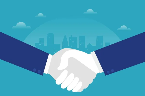 Dvě Ruce Obchodníka Třesoucí Izolovaně Modrém Městském Pozadí Dohoda Potřesení — Stockový vektor
