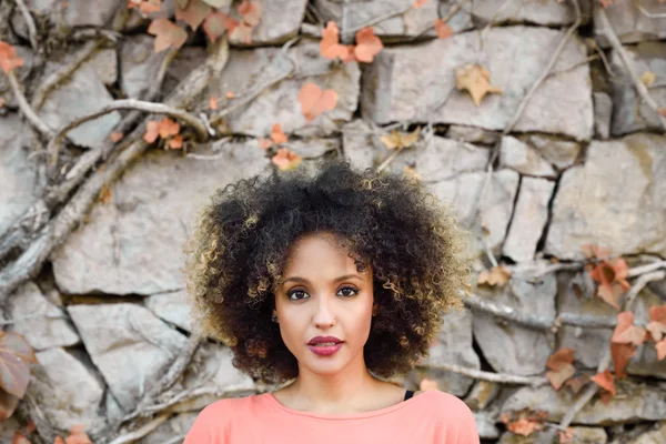 Svart kvinna med afro frisyr stående i en stadspark — Stockfoto