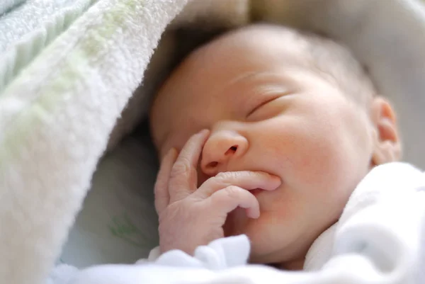Bebé recién nacido en cama hostpital durmiendo — Foto de Stock